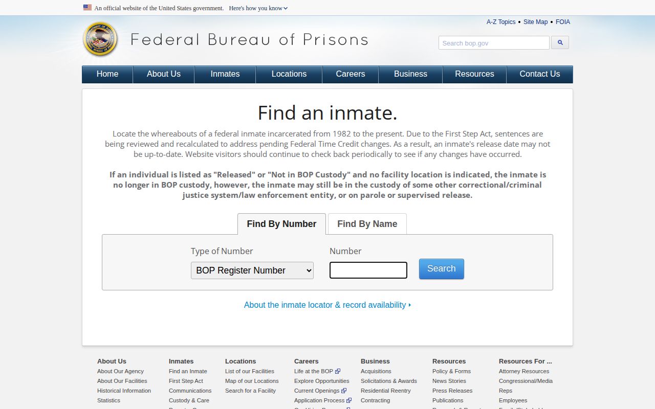 Federal Bureau of Prisons locator for federal custody, without a Murray County booking photo field
