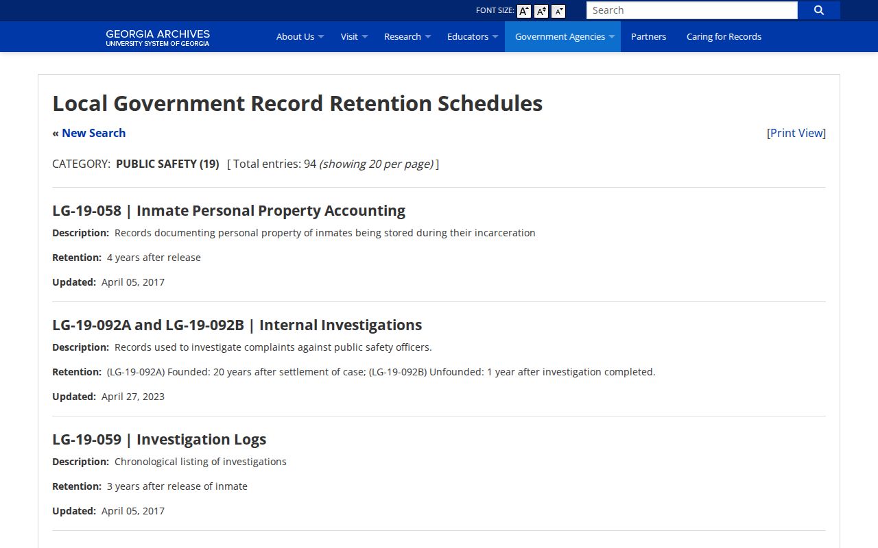 Georgia local jail booking retention schedule for Murray County records
