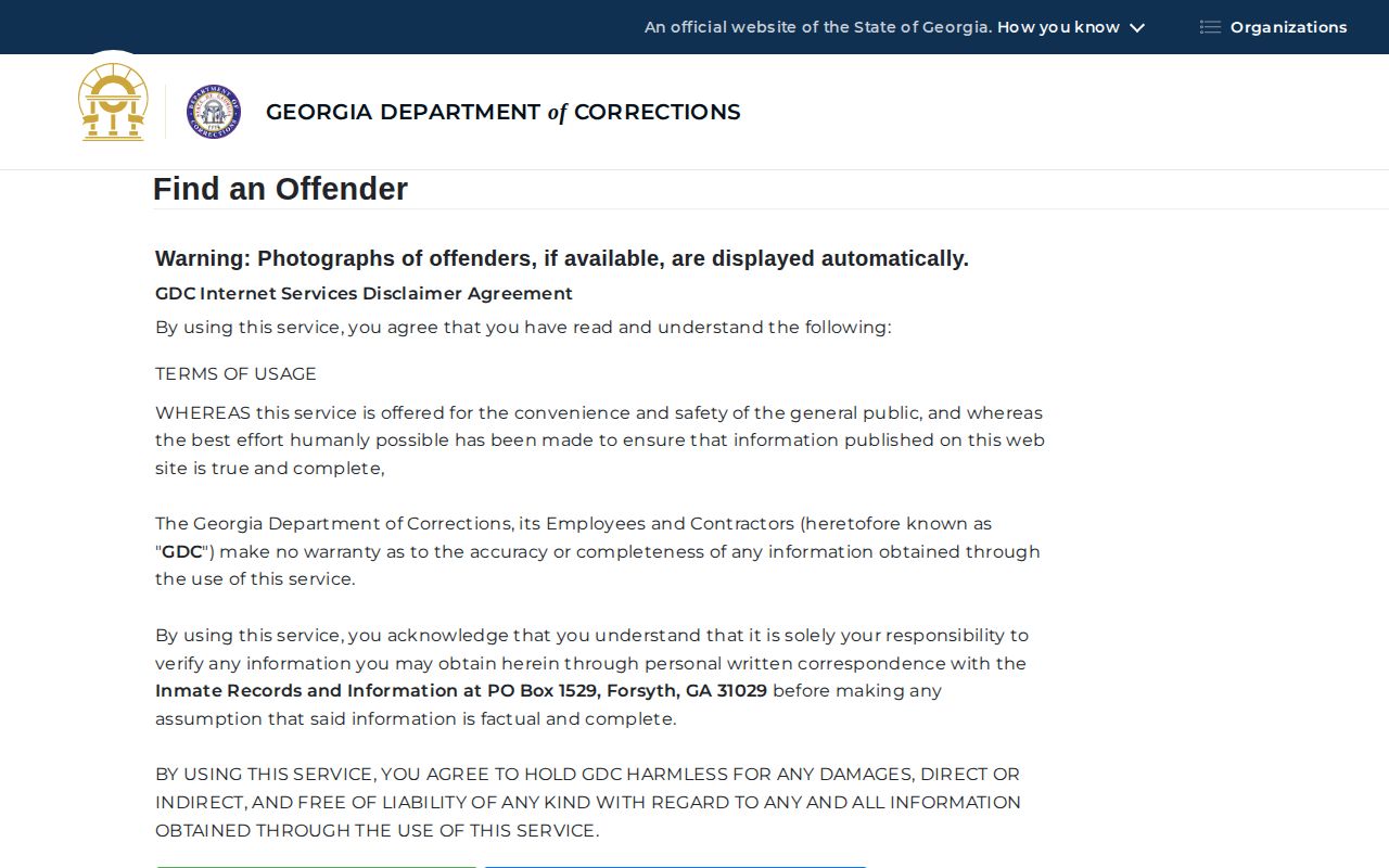 Georgia Department of Corrections offender search and state custody photo interface